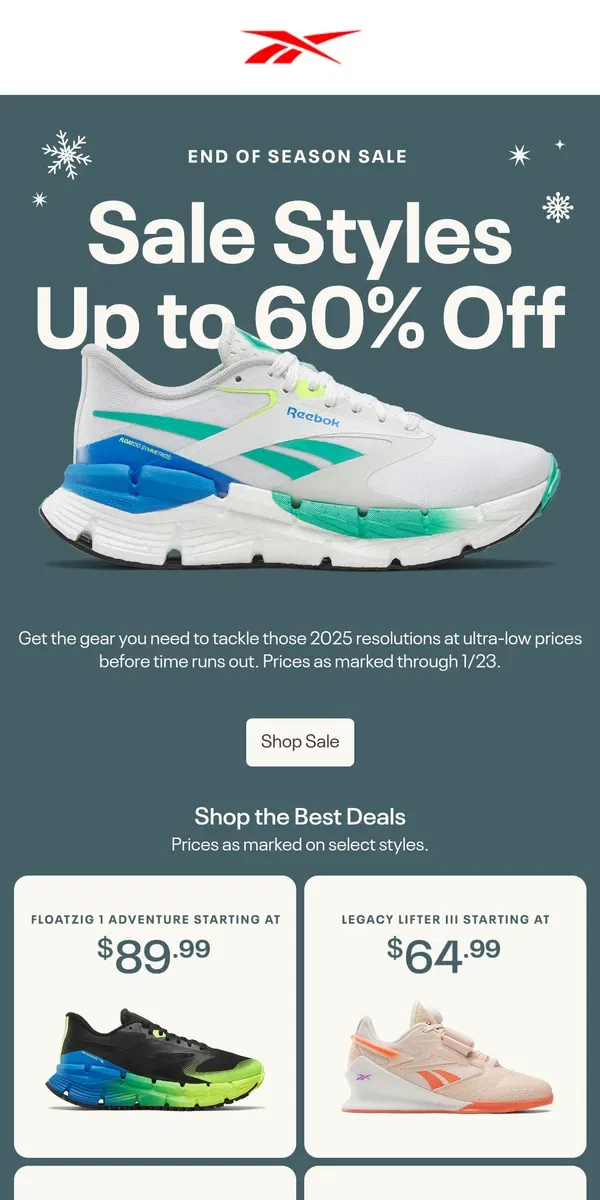 Email from Reebok. 👇 Ultra-low prices on sneakers, apparel & accessories 👇