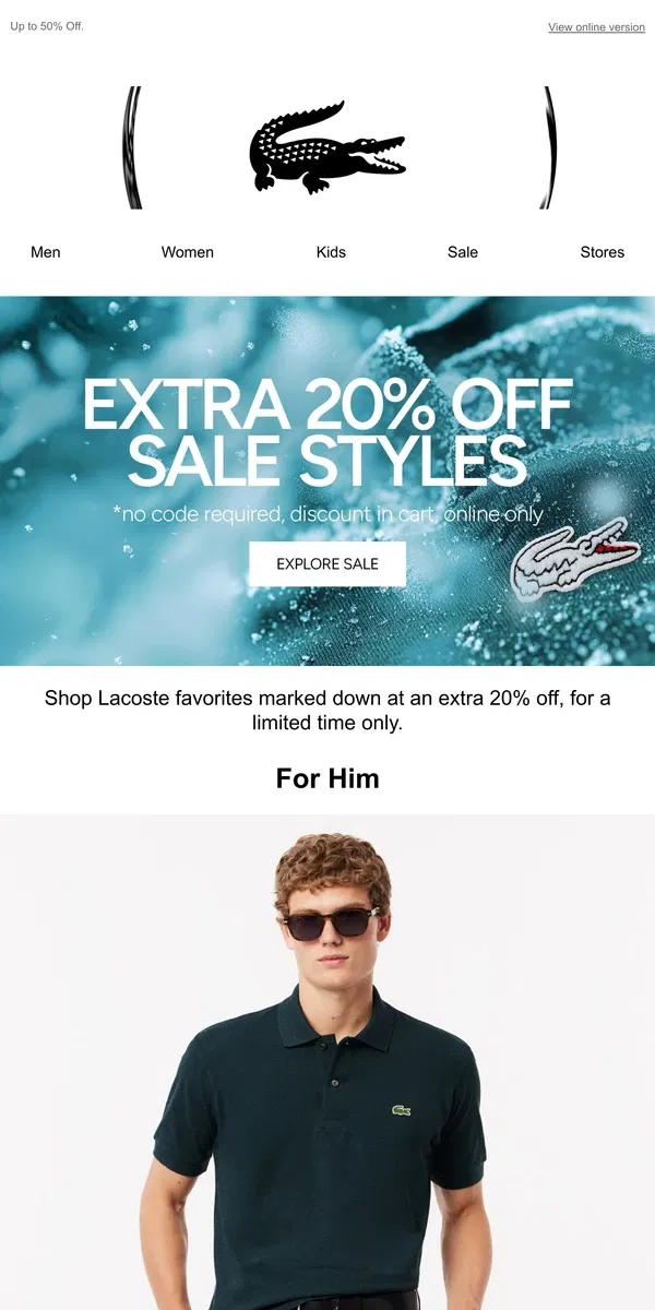 Email from Lacoste. Extra 20% Off Sale…For a Limited Time.