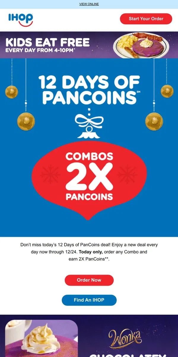 Email from IHOP. Today’s Deal: All Combos earn 2X PanCoins🔥