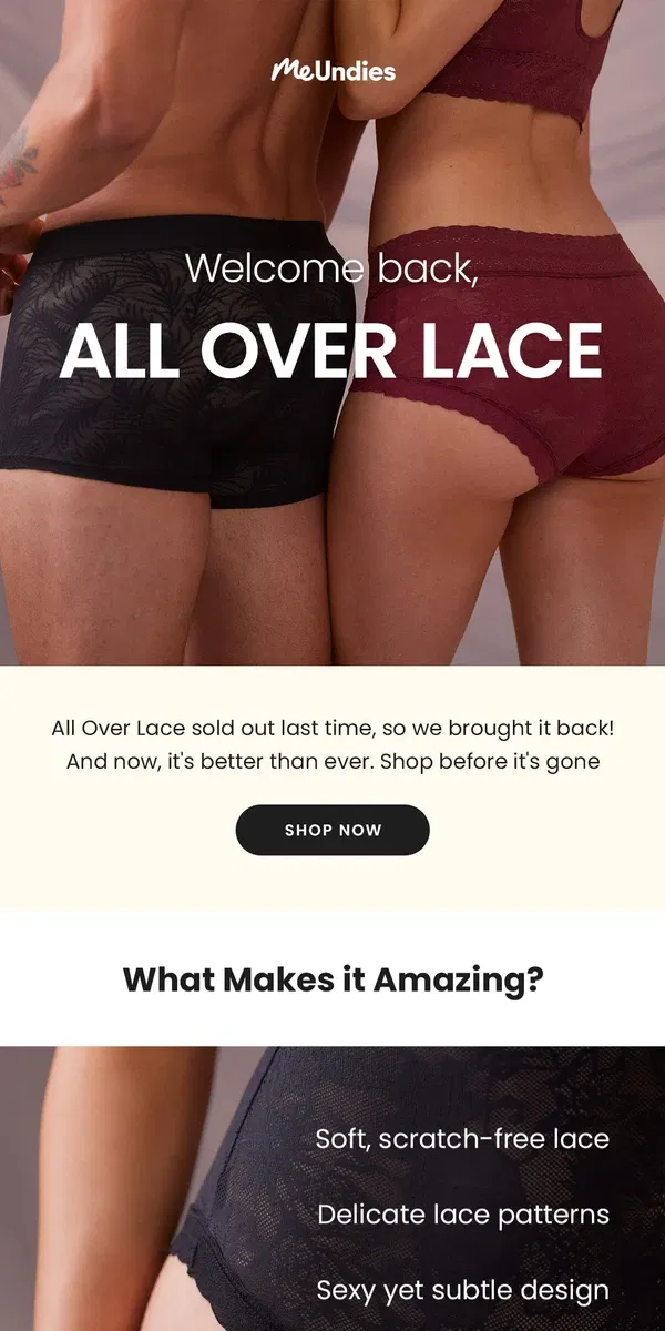 Email from MeUndies. Back in Stock! All Over Lace