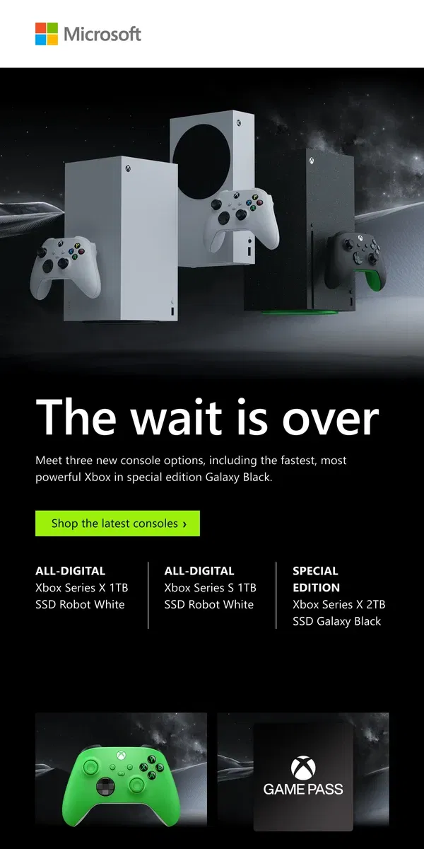 Email from Microsoft Store.      The wait is over: three new consoles, including Xbox Series X – 2TB SSD