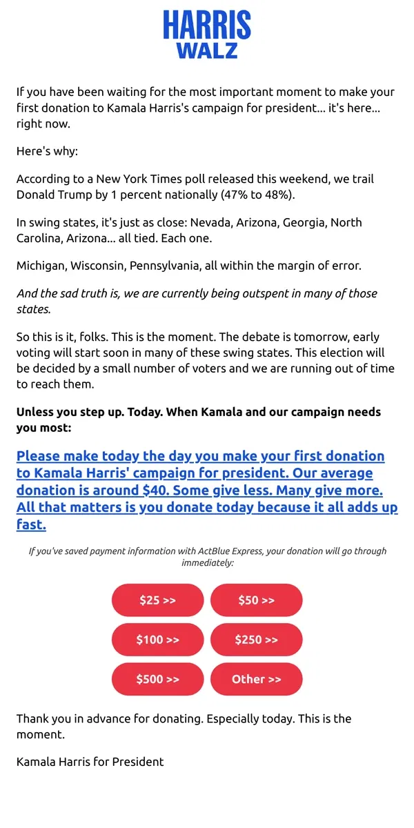 Email from Kamala Harris. Tied, tied, tied, tied