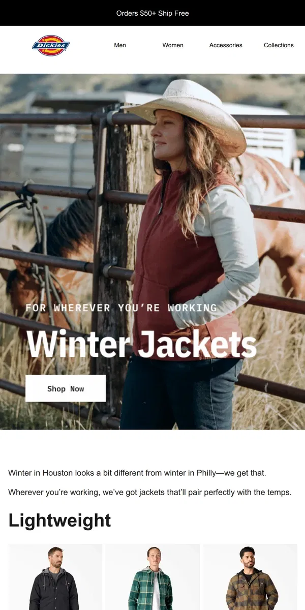 Email from Dickies. Winter Outerwear for Everyone