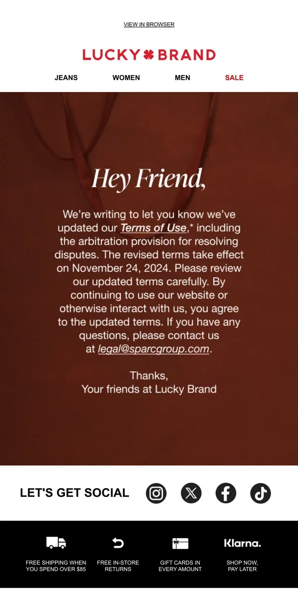 Email from Lucky Brand. We’ve Updated Our Terms of Use