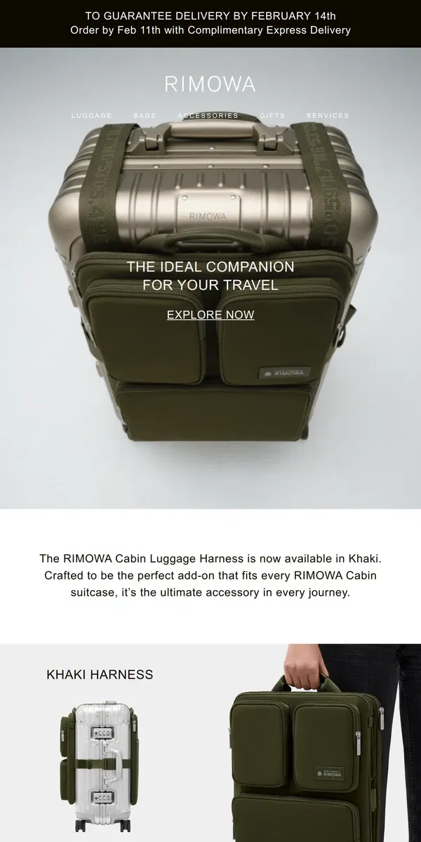 Email from Rimowa. Harness Khaki, the ultimate travel accessory