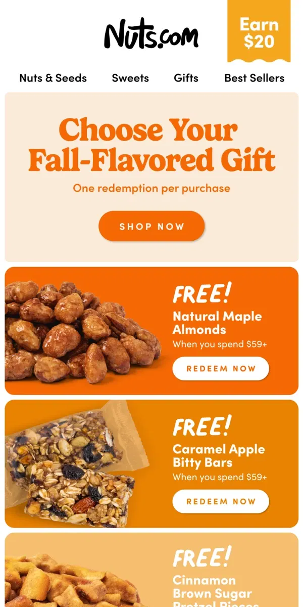 Email from Nuts.com. Fall Mode Activated: Choose Your FREEBIE!