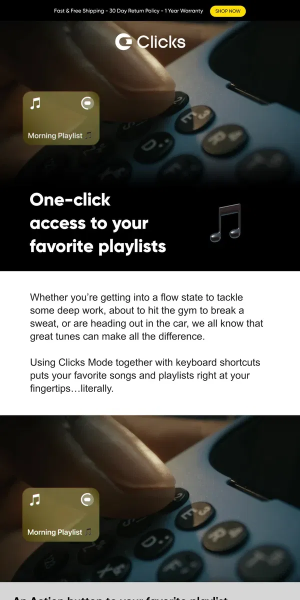 Email from Clicks. Music Action buttons with Clicks