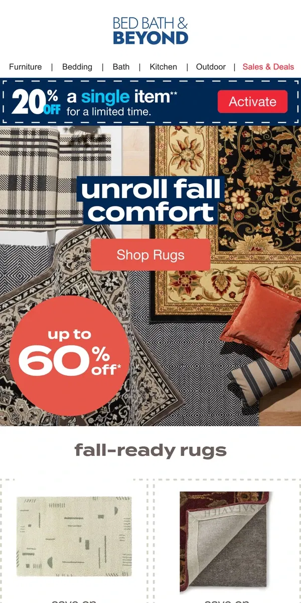 Email from Bed Bath & Beyond. Plush Fall Rugs, Even Softer Than a Pile of Leaves 🍂