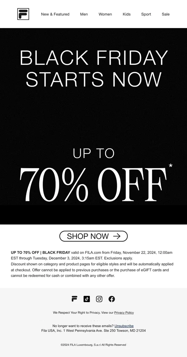 Email from FILA. Starts Now: Up to 70% Off