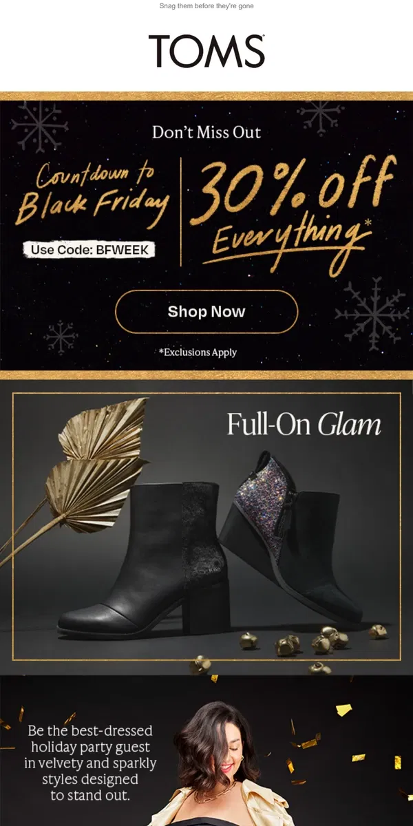 Email from TOMS. ✨ Festive styles | SAVE 30% on EVERYTHING