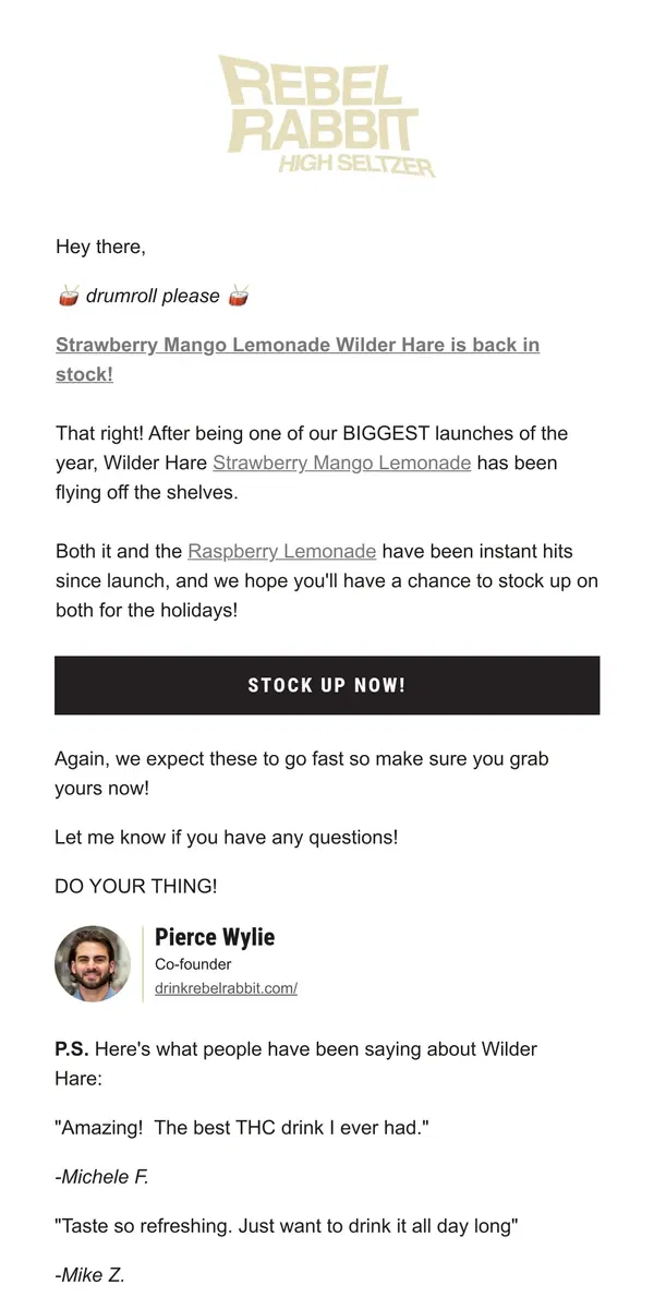 Email from Rebel Rabbit. Back In Stock Alert: Wilder Hare Strawberry Mango Is Back 🎉