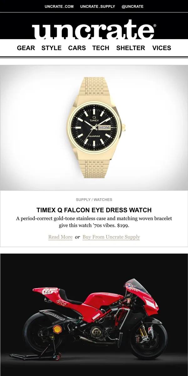 Email from Uncrate. Timex Q Falcon Eye Dress Watch & more