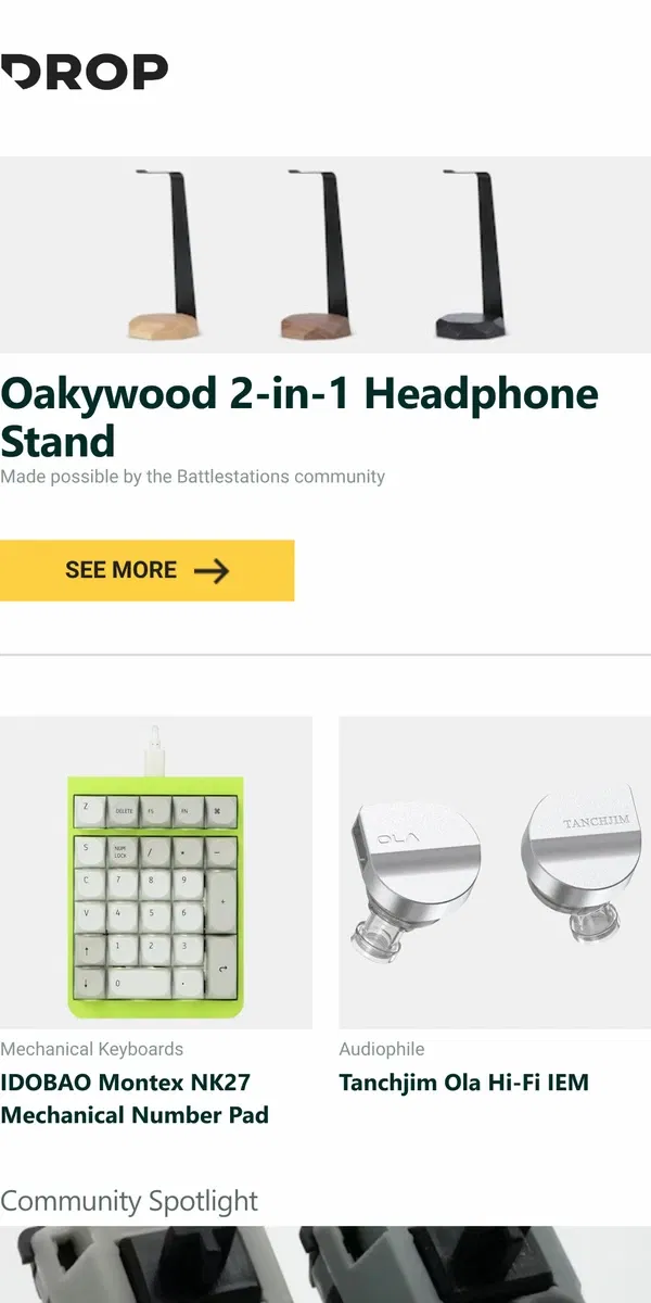 Email from Drop. Oakywood 2-in-1 Headphone Stand, IDOBAO Montex NK27 Mechanical Number Pad, Tanchjim Ola Hi-Fi IEM and more...