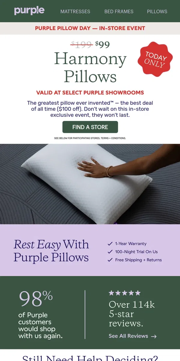 Email from Purple. HURRY: $99 Harmony Pillows — Today Only