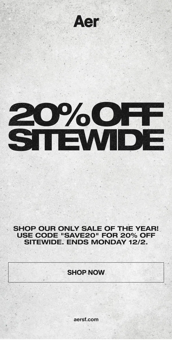 Email from Aer. Black Friday Sale: 20% Off Sitewide