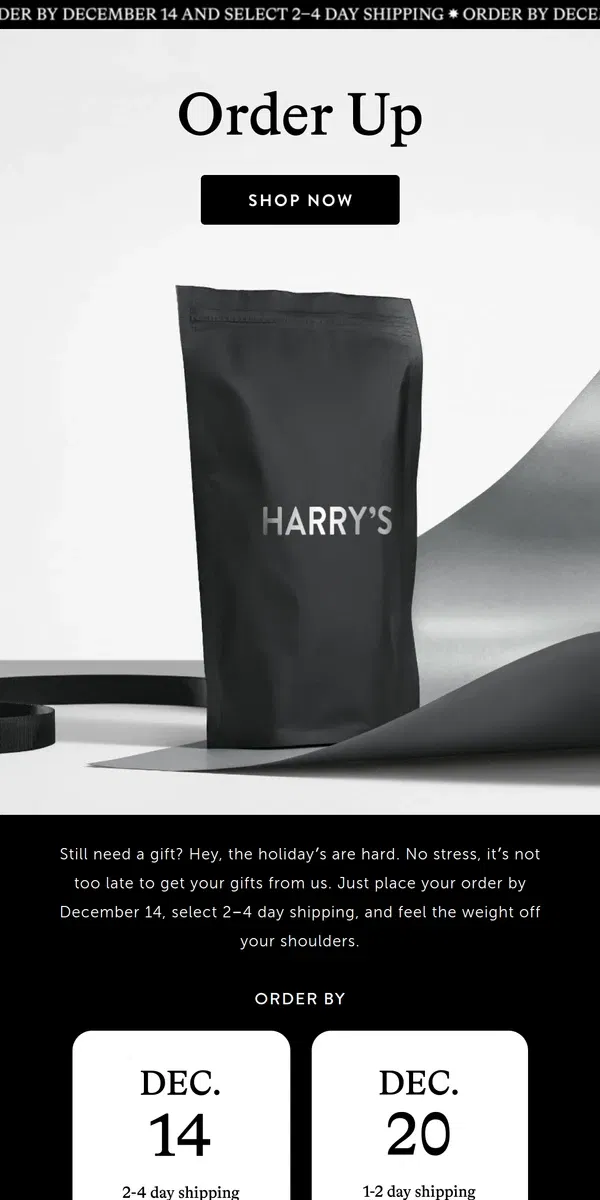 Email from Harry's. Get your gifts with ground shipping