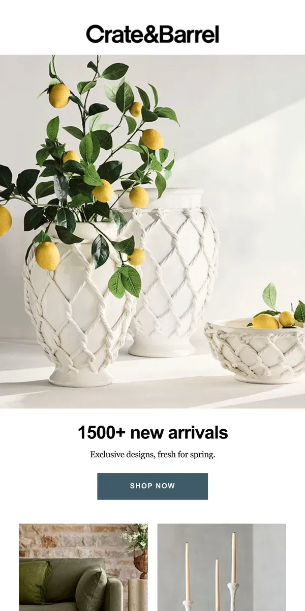 Email from Crate & Barrel. JUST DROPPED! Spring new arrivals are here