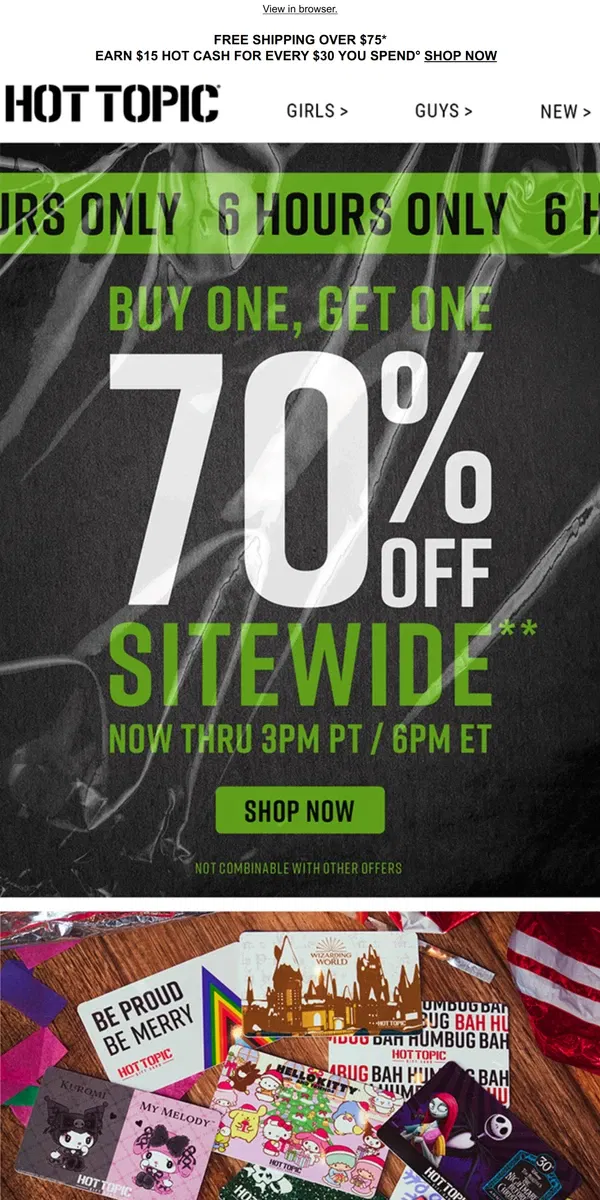 Email from Hot Topic. 🛑 STOP 🛑 BOGO 70% Off sitewide starts NOW thru 3PM PT / 6PM ET