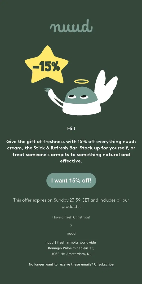 Email from nuud. Christmas comes early: 15% off