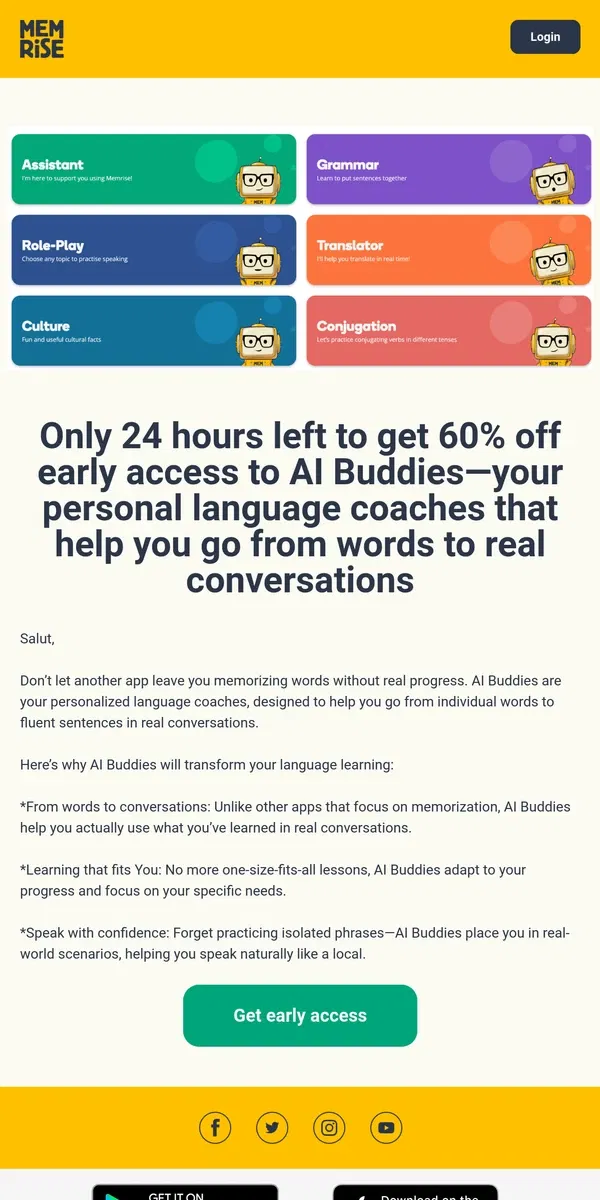 Email from Memrise. From words to fluent sentences—AI Buddies help you speak confidently!