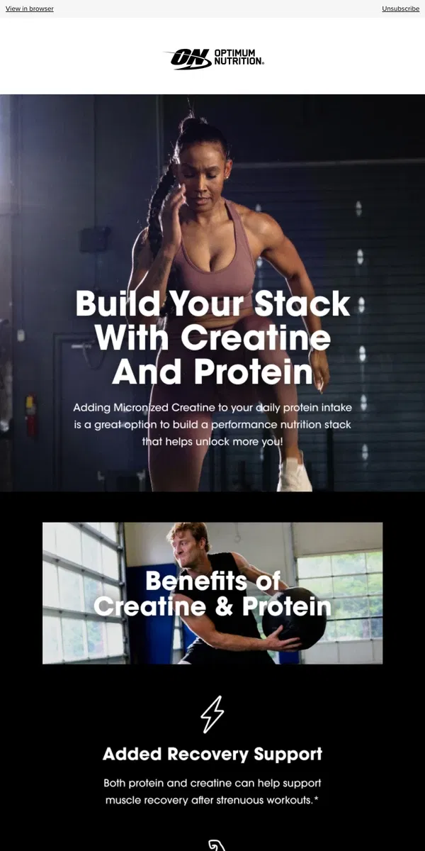 Email from Optimum Nutrition. Why Stack Creatine + Protein? 🤔