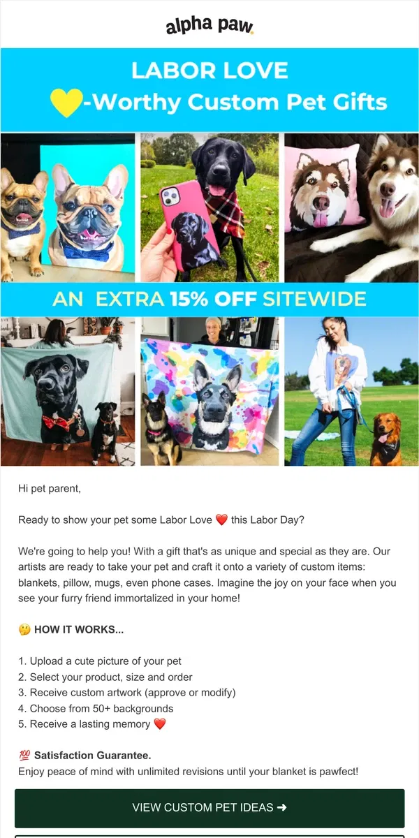 Email from Alpha Paw. 🐶😹 #1 Labor Day Pet Present? Custom Pet Gifts