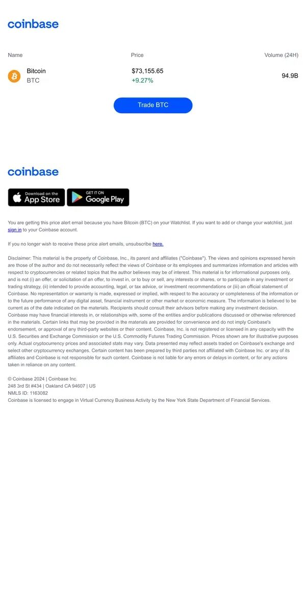 Email from Coinbase. Price alert: Bitcoin (BTC) is up ↗ +9.27%