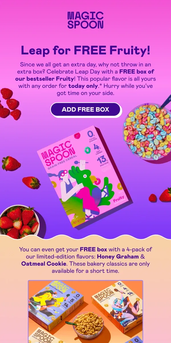 Email from Magic Spoon Cereal. FREE box for Leap Day! 🌍