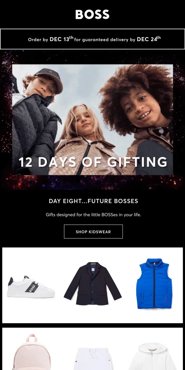 Email from HUGO BOSS. Day 8...Gifts For Kids!