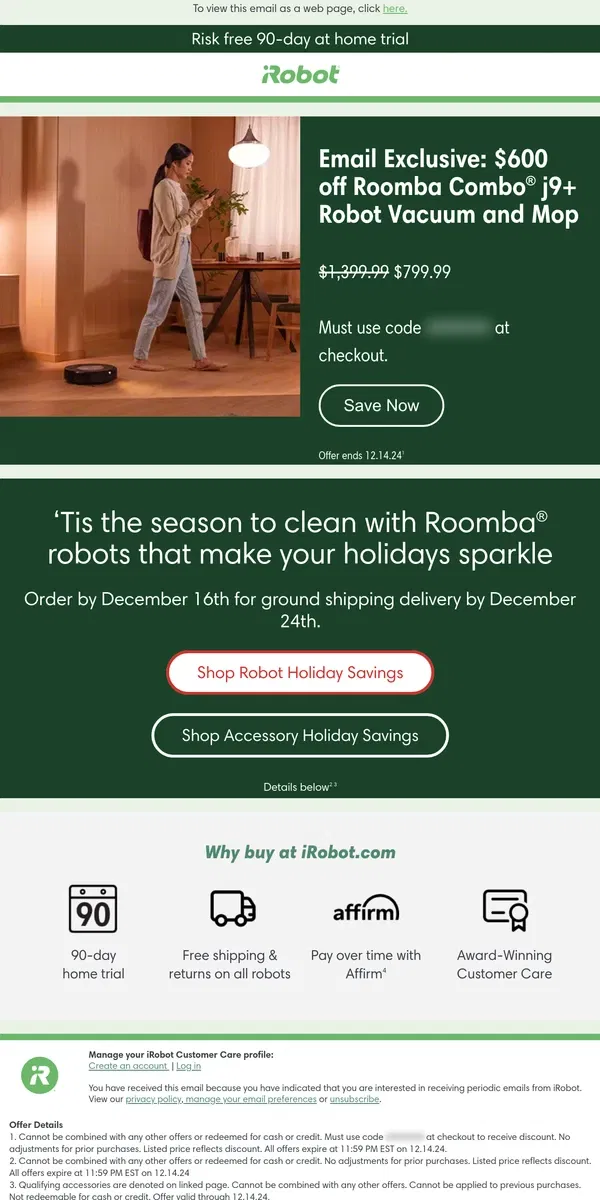 Email from iRobot. Email Exclusive: Clock's ticking. Get clicking.