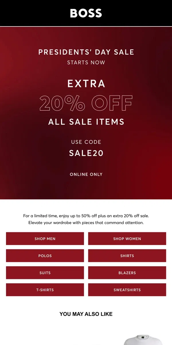 Email from HUGO BOSS. Presidents' Day Sale Starts Now!