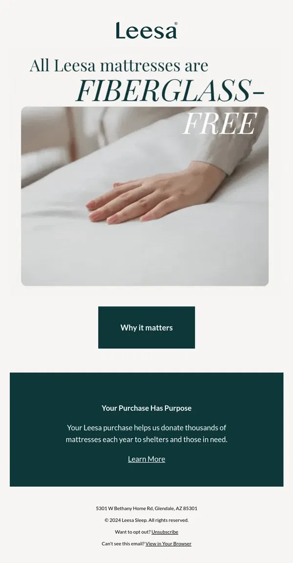 Email from Leesa. Looking for a fiberglass-free mattress?