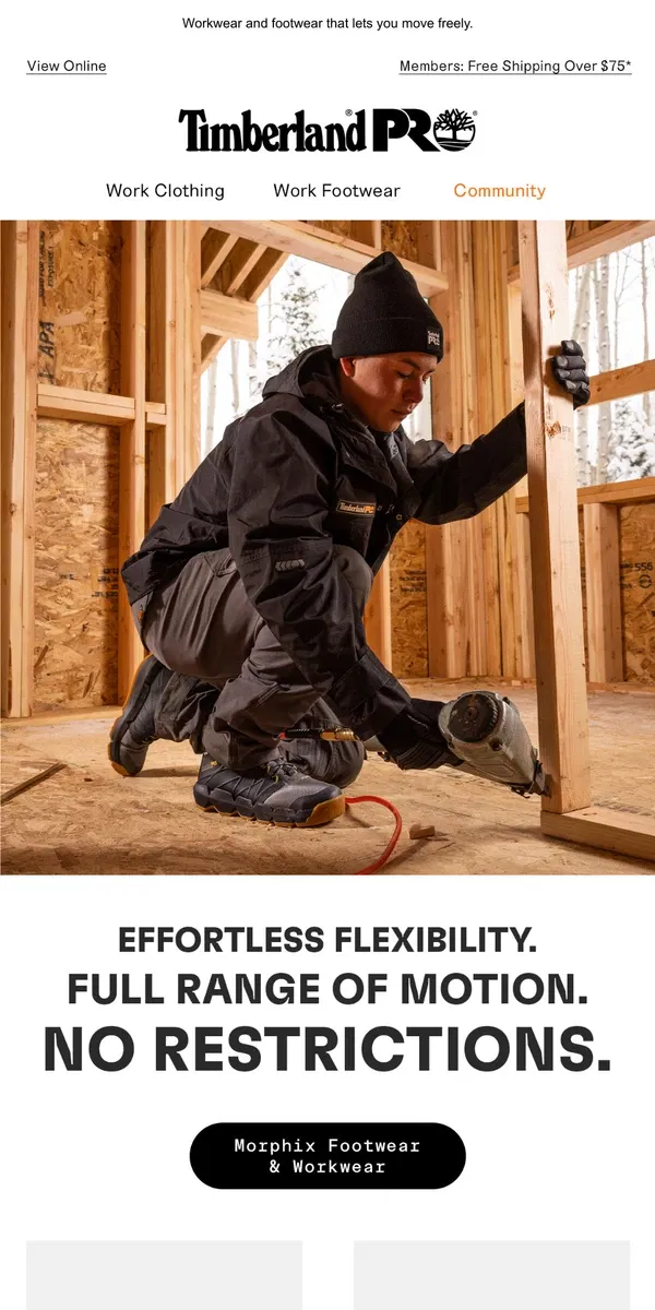 Email from Timberland. Effortless Flexibility & A Full Range Of Motion.