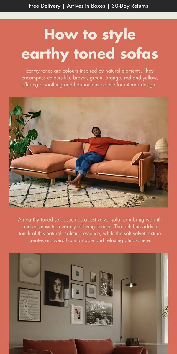 Email from Cozmo Home. How to Style Earthy Toned Sofas