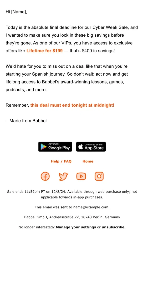 Email from Babbel. Psst…[Name], $199 Lifetime ends in a few hours.