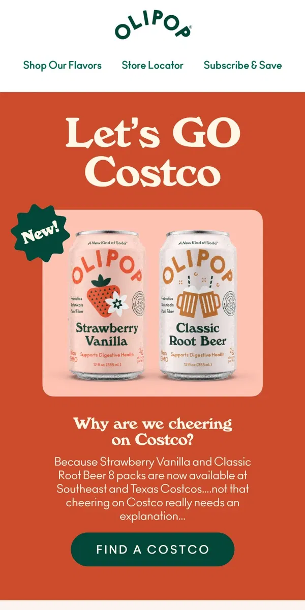 Email from OLIPOP. Root Root for Costco 🙌