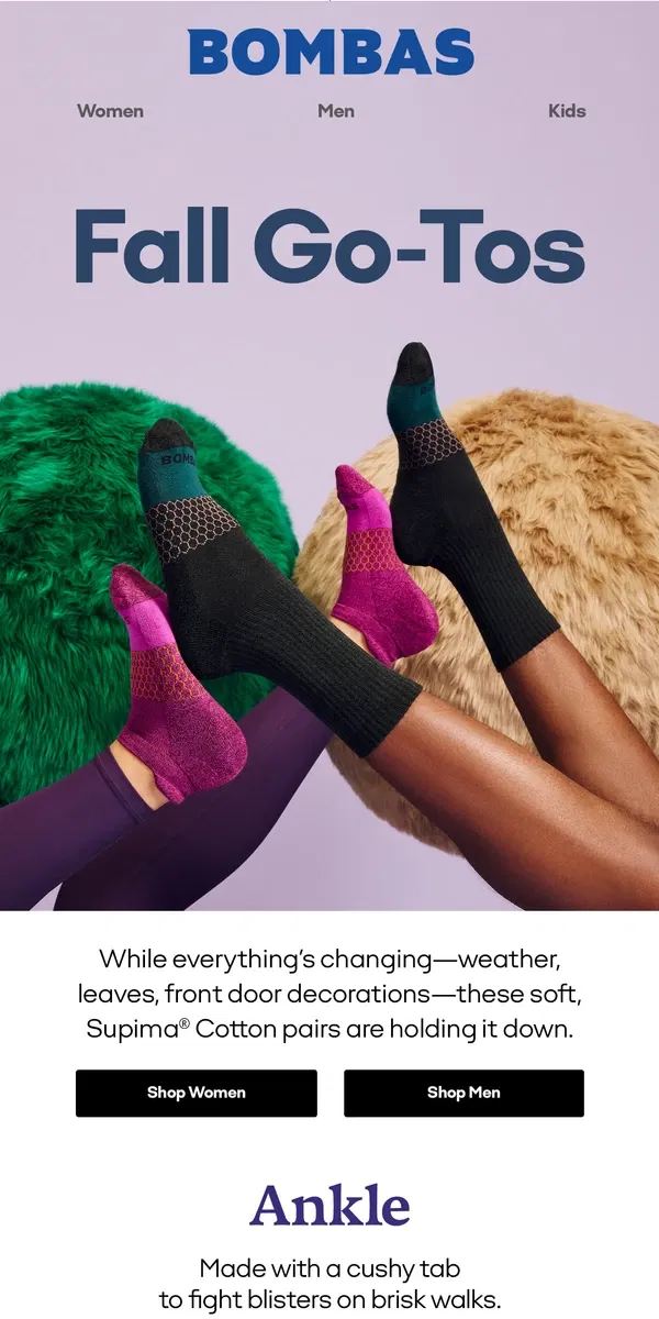 Email from Bombas. The Fall Sock Drawer Staples