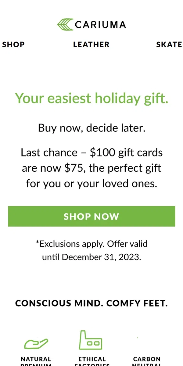 Email from Cariuma. Your Easiest Holiday Gift