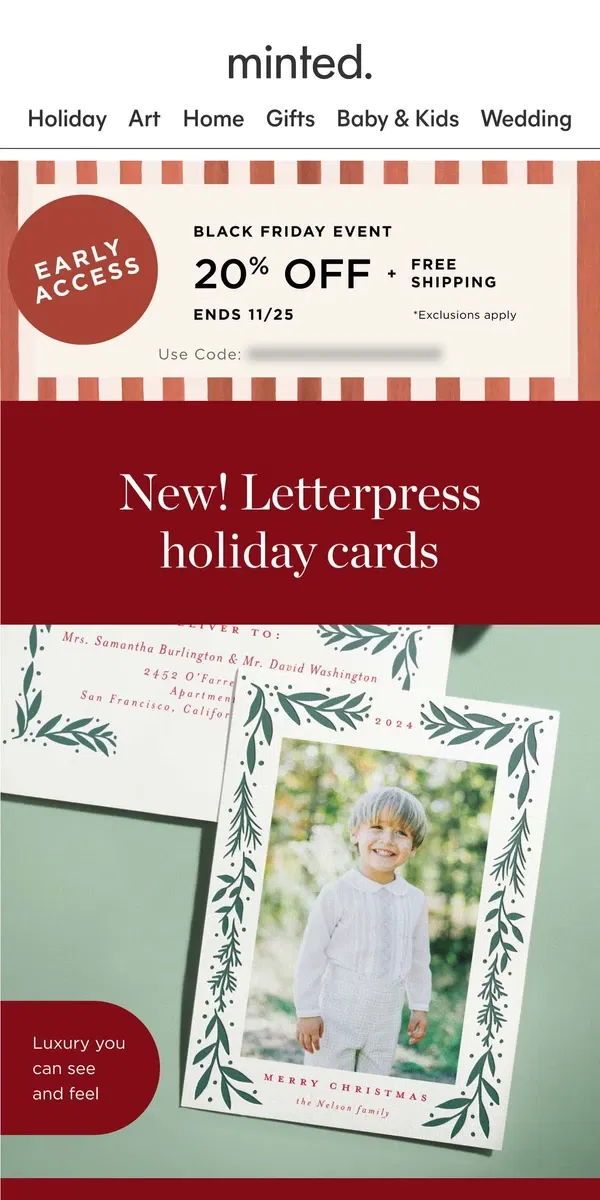 Email from Minted. New! Letterpress holiday cards