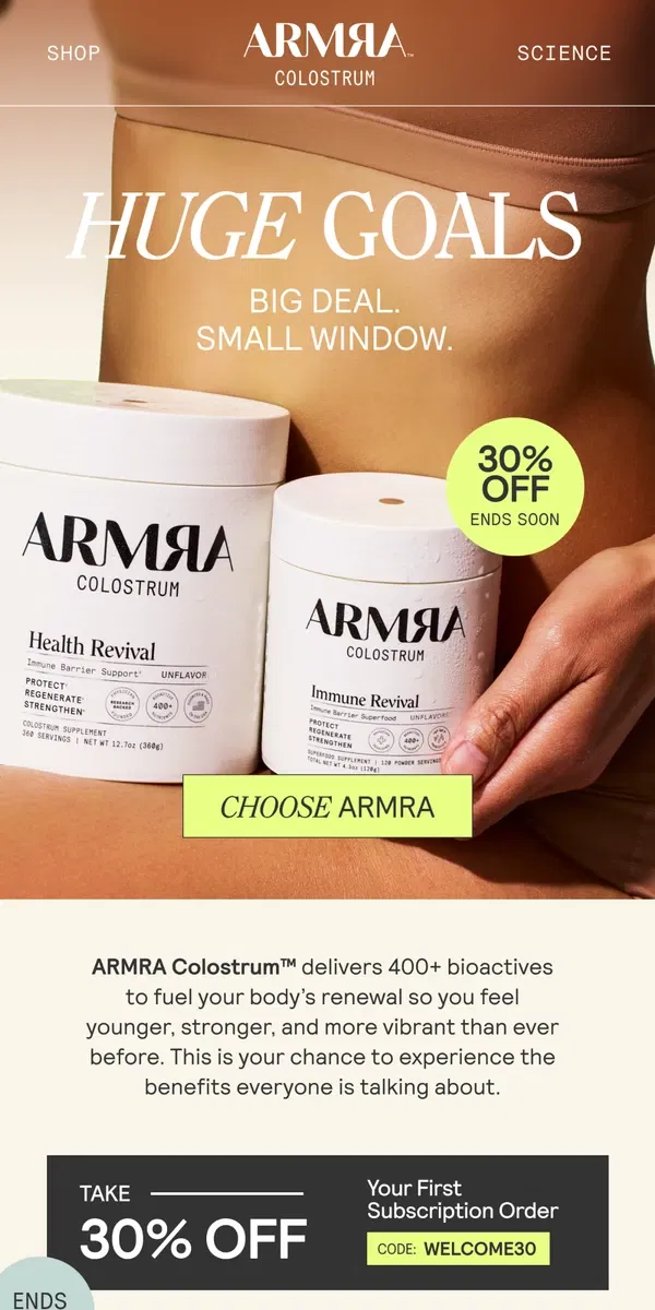 Email from ARMRA Colostrum. Last Call For 30% Off