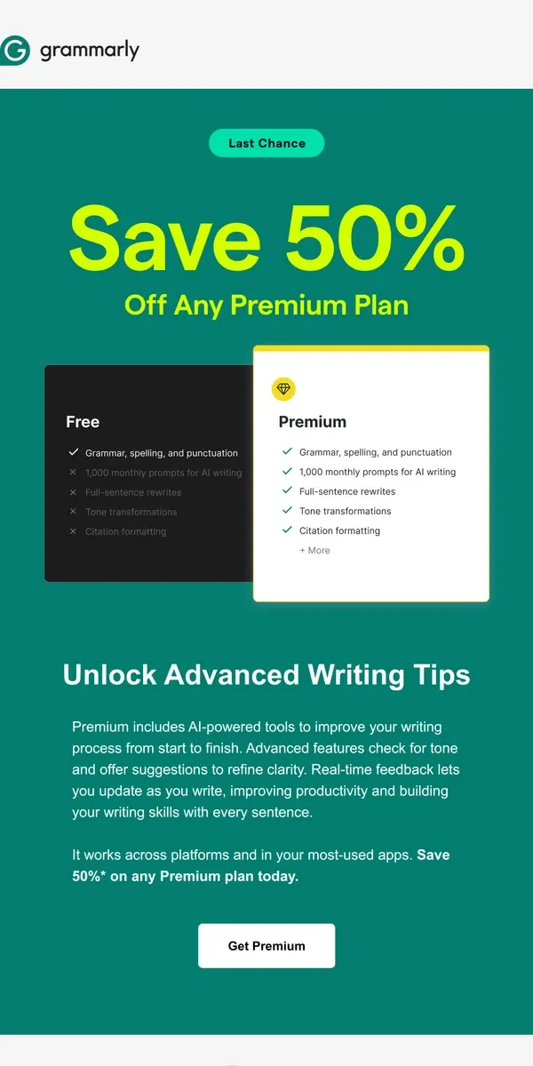 Email from Grammarly. ⏰ Last call: 50% off Grammarly Premium