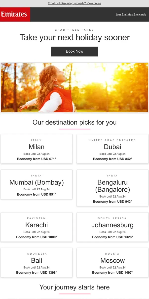 Email from Emirates. You can’t resist these fares to our top destinations