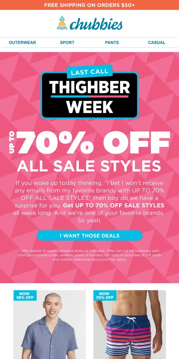 Email from Chubbies Shorts. Get up to 70% off while you still can