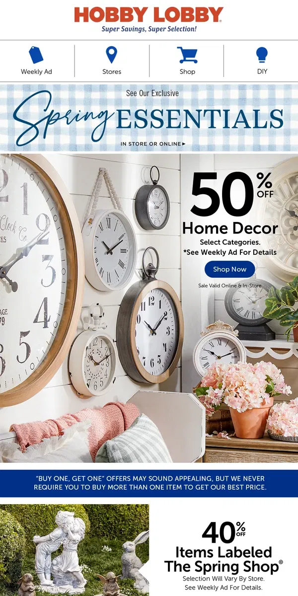 Email from Hobby Lobby. Tick-Tock! 50% Off Wall & Table Clocks! ⏰