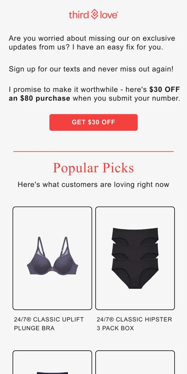 Email from ThirdLove. Want to save $30?