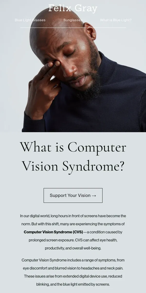 Email from Felix Gray. Understanding Computer Vision Syndrome: Protect Your Eyes Today