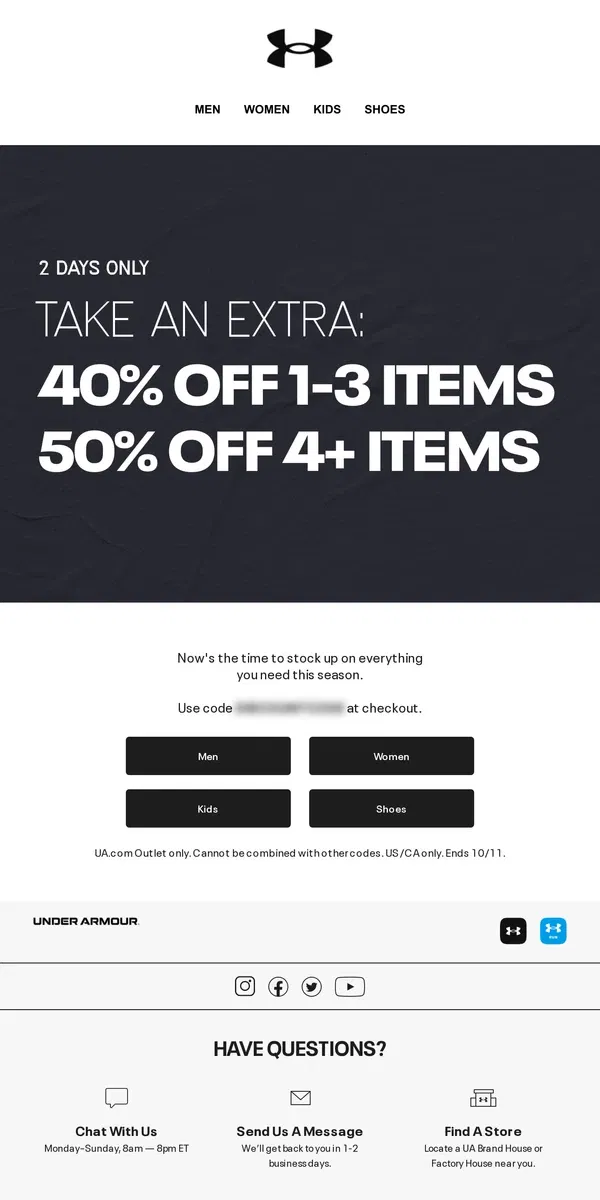 Email from Under Armour. Get an EXTRA 50% off UA.com Outlet