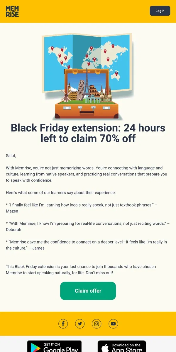 Email from Memrise. ⏰ Black Friday extended—last 24 hours to say “yes” to 70% off!