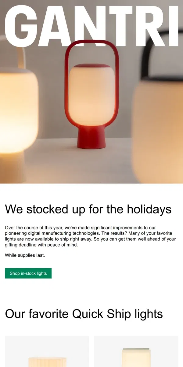 Email from Gantri. Shop in stock lights