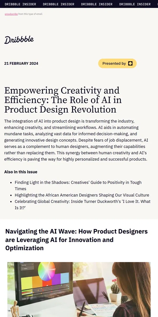 Email from Dribbble. ✨ Unlock Innovation 🗝 Discover AI's Impact on Product Design Inside